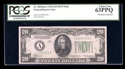DBR 1934 $20 DGS FRN Mule Boston Fr. 2054-Adgsm PCGS 63 PPQ Serial A29896366A - Image 1 of 2