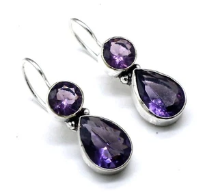 925 Silver Purple Amethyst Gem Wolf Jewelry Earrings Size-3.8cm - Picture 1 of 9