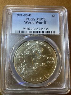 1991-95-P World War II 2 Commemorative Half Dollar PCGS MS70 - Image 1 of 2