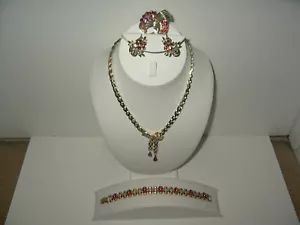 4 Pc Vintage CORO Goldtone & Red AB Crystal Necklace, Bracelet, Brooch, Earrings - Picture 1 of 11