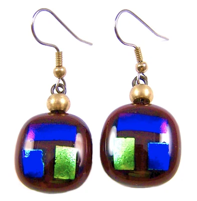 DICHROIC Glass EARRINGS Green Blue Blocks Red Black Cherry Dangle Surgical 3/4" Foto 1 de 4