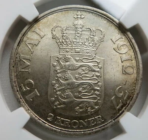 DENMARK Kingdom 2 kroner 1937 NGC MS 65 UNC Silver king Christian X Toned - Picture 1 of 3