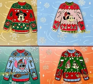 Disney LE Gift Card 4 Pin Set Xmas Sweaters Mickey Minnie Stitch Chip Dale 2024 - Picture 1 of 6