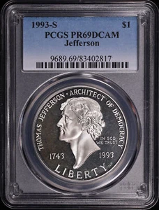 1993-S Jefferson Silver Dollar Commemorative PCGS PR-69 DCAM - Picture 1 of 2