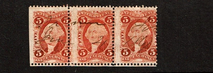 1862-71 Revenue Issue 5c Red INLAND EXCH STRIP OF 3  Sc#R25c Dated Pen Cancel** - Image 1 of 1