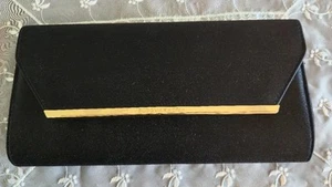 BCBG Black Satin Foldover Evening Shoulder Clutch Gold Chain Bag - Picture 1 of 10