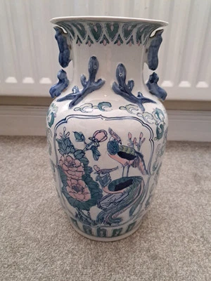 Large Oriental Style Ceramic Vase  Handpainted Blue, White, Pink & Green Floral - Image 1 of 4