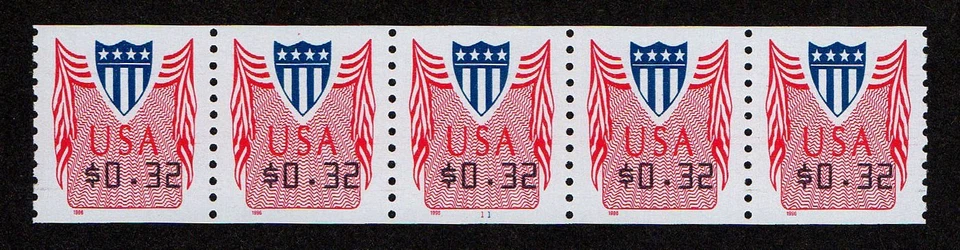 USA, SCOTT # CVP33, MNH COIL STRIP OF 5 PNC # 11, 32¢ COMPUTER VENDED SHIELD - Image 1 of 1