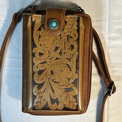 Montana West Cartera Bandolera Cartera Marrón Floral Western Bolso para Teléfono Cierre de Joya Foto 1 de 4