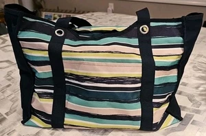 Thirty-One Deluxe Utility Tote Navy Blue Green White Beige Stripes 17"x13.5"x6" - Picture 1 of 9