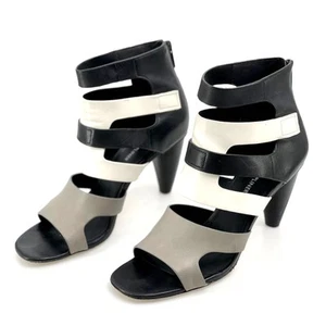 DONALD J. PLINER Black White Strappy Heeled Leather Zip Sandal Cone Heels Sz 10 - Picture 1 of 12