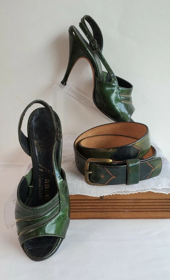 VTG 50s 'Treat' A'mano "Hand Made" Roma Last Green patent leather heel 4B & belt - Image 1 of 4