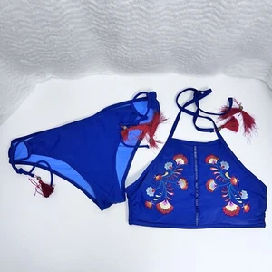Time and Tru Blue Two- Piece Size Large (14-16) Swimsuit Embroidered Accents - Picture 1 of 13
