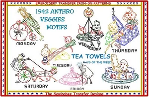 Anthro Veggies embroidery transfer animated 1920's DOW 1942 Betty Burton VINTAGE - Picture 1 of 1