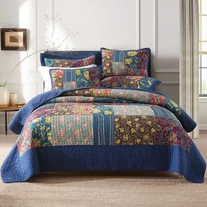 Cotton Bedspread Quilt Sets Reversible Bedding Coverlet Sets 3 Pieces Patchwo... - Picture 1 of 9