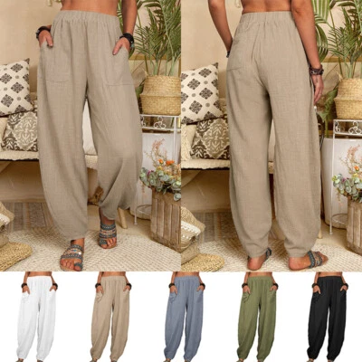 Ladies Breathable Linen Blend Elastic Waist Trousers Loose Fit Daily Lounge Wear - Image 1 of 4