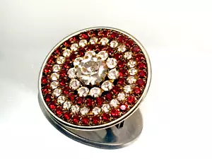 Vintage Brooch Round Red White Stones Glass Flower Unsigned Beauty Silver Metal - Picture 1 of 8