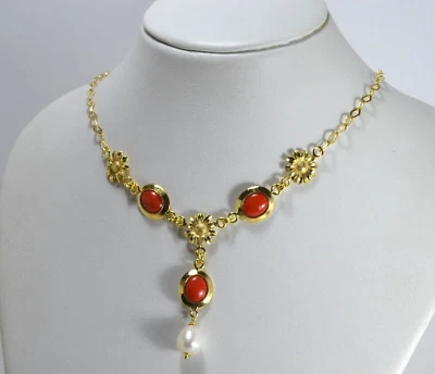 COLLANA ARGENTO 925 DORATO CORALLO ROSSO 8 x 10 mm PERLE D'ACQUA DOLCE AGLN 0280 - Immagine 1 di 3