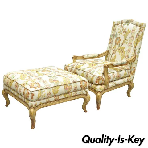 Nancy Corzine French Provincial Louis XV Style Bergere Lounge Chair and Ottoman Cover