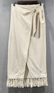 Nanushka Randi High Waisted Fringe Trim Wrap Midi Skirt Cream Women's Size M NWT - Picture 1 of 11