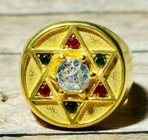 Men Handmade Star of David White Red CLARITY Big Rings 14k GOLD Steel Size 5-12 - Picture 1 of 7