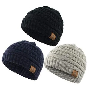 Soft Warm Knitted Baby Hats Caps Cute One Size A Black & Light Grey & Navy - Picture 1 of 6