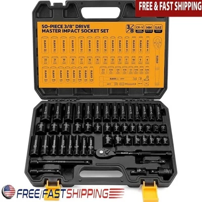50pc Chrome Vanadium Steel Impact Socket Set 3/8 Drive High Torque Durable Tools - Image 1 of 4