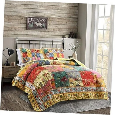  Juego de edredón de retazos tamaño king boho king (96" x 108") amarillo rojo Foto 1 de 4