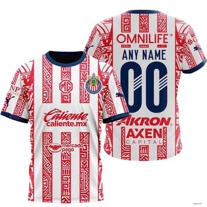 Custom LIGA MX Chivas Guadalajara Shirt 2025 White Red Striped Aztec Symbols - Picture 1 of 7