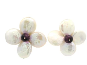 14k Yellow Gold Coin Pearl & Amethyst Flower Shaped Convertible Back Earrings - Picture 1 of 15