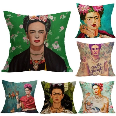 CUSHIONS COVER FRIDA KAHLO POTRAIT STRIKING COLOUR LINEN COTTON PLAIN BACK 45CM - Bild 1 von 4