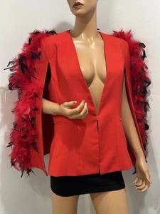 Blazer donna rosso manica mantello taglia grande con piume - Foto 1 di 11