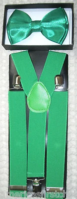 SOLID GREEN ADJUSTABLE BOW TIE+GREEN THICK WIDE ADJUSTABLE SUSPENDERS COMBO!! - Image 1 of 3