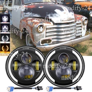 Fit Chevy Truck 3100 1950-1959 Pair 7" inch Round LED Headlights Halo Angel Eyes - Picture 1 of 15