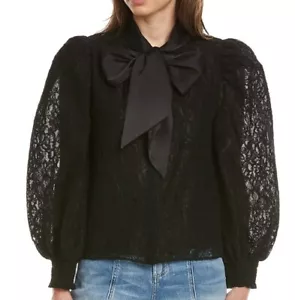 Alice + Olivia Black Brently Lace Tieneck Long Sleeve Shirt with Bow NWT $440 - Picture 1 of 8