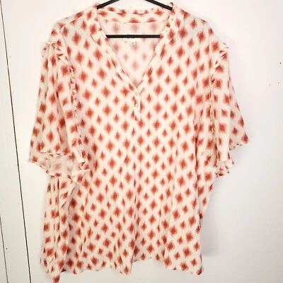 Candace Cameron Bure Top Womens 3X Popover Allover Printed Ruffle Seam Linen - Image 1 of 4