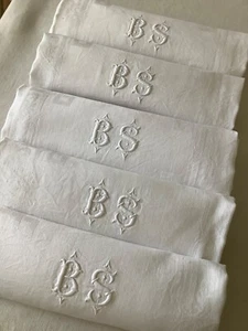 Set of 5 Antique French Damask Linen Napkins Monogram BS - Picture 1 of 12