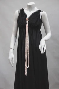 Vintage 60s Lace Trim Black Nylon Nightgown Negligee Slip Dress Lingerie - Picture 1 of 9
