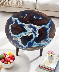 Mesa de centro redonda de resina epoxi de onda azul de 24" decoración de pasillo de madera de acacia natural - Imagen 1 de 10