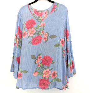 Blusa para mujer Valerie Stevens talla L azul floral a rayas fluida boho hippie - Imagen 1 de 9
