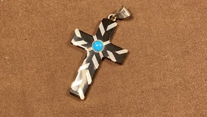 Vintage Taxco? Signiert Sterlingsilber Kruzifix Anhänger Designer Onyx Türkis - Bild 1 von 10