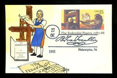 US FDC #UX126 Malissa Fox Hand Painted HP 1988 PA Federalist Papers Unofficial - Image 1 of 2