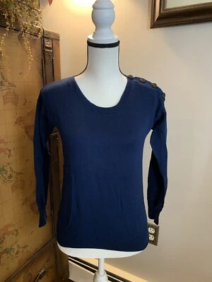 Wallace Women Navy Blue Wool Pullover Sweater Small Button Shoulder - Image 1 of 4