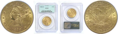 1893-S $10 Gold Coin PCGS MS-60 Cover