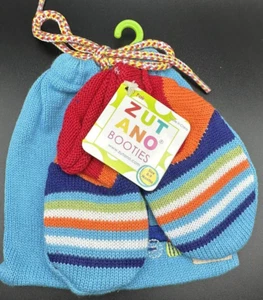 Zutano Striped Knit Baby Booties w/Train Knit Blue Drawstring Bag 0-9 Months NEW - Picture 1 of 9
