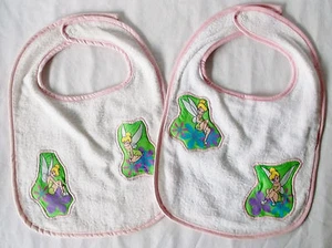 Cute Baby Bibs Tinkle Bell-Pink Trim-Set of 2-Custom by Pizazz Creations-New - Picture 1 of 5