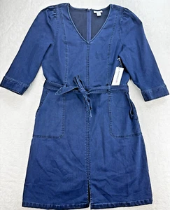 Liz Claiborne Chambray Dress Women 10 Denim V-Neck 3/4 Sleeve Shirt Sheath Belt - Picture 1 of 9