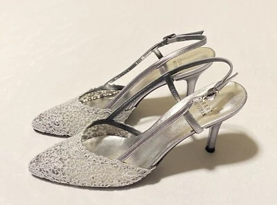 NWOB Stuart Weitzman Silver Mesh Jeweled Pointed Buckle Women Heels 7M Spain - Image 1 of 4