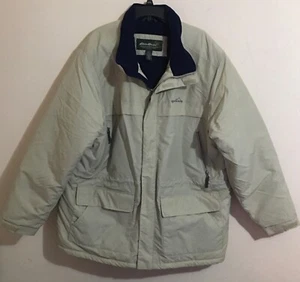 Eddie Bauer Jacket Mens XXL Tan Barn Hooded Coat Polyester Blue Lined Insulation - Picture 1 of 12