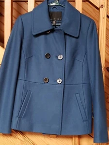 Wool Blend Pea Coat Women M Blue Double Breasted Lapel Jacket Flare Ruffle Back - Picture 1 of 15